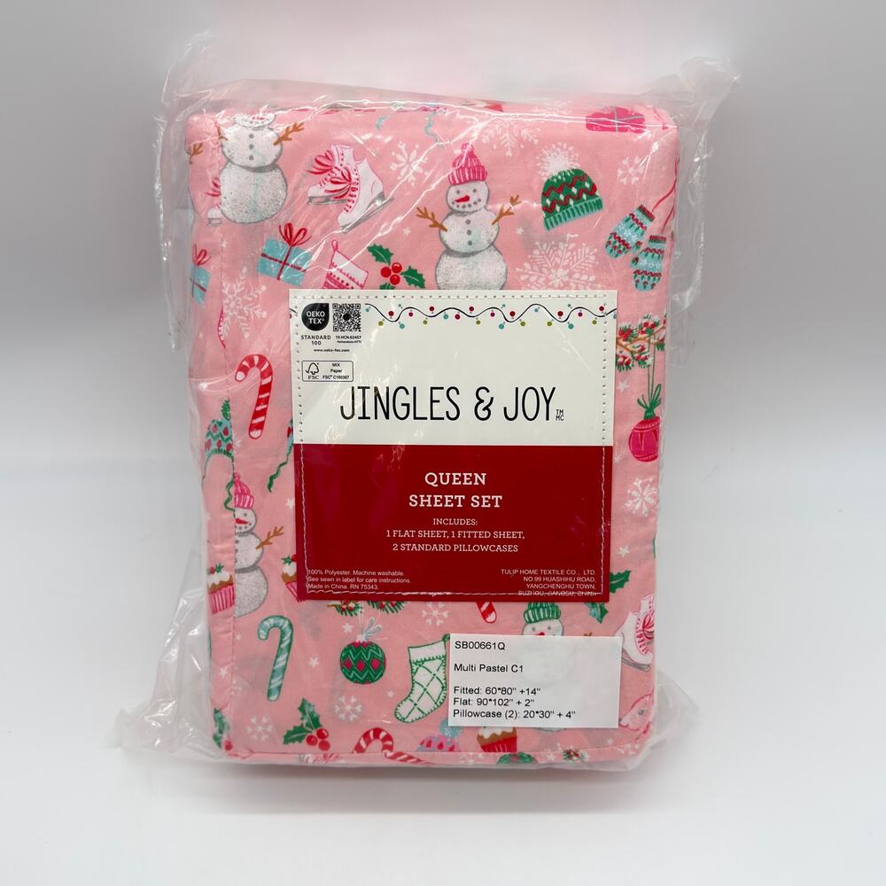 Jingles & Joy Pink Ditsy Christmas QUEEN Sheet Set Snowman Holly Ice Skates NEW